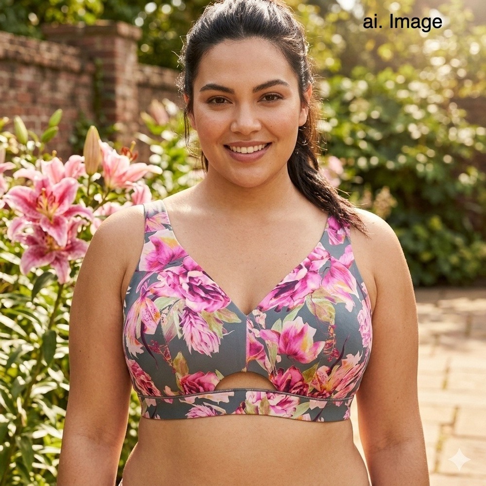 Cacique Womens 40D No-Wire Unlined Plunge Bra Floral Pink Gray Keyhole Cutout - Picture 2 of 12